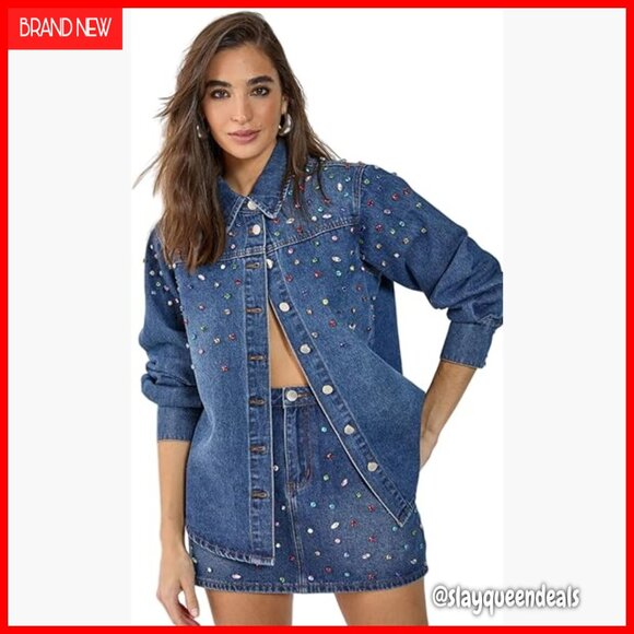 Denim Mini Skirt with Jewel Details Mid Rise Casual Style